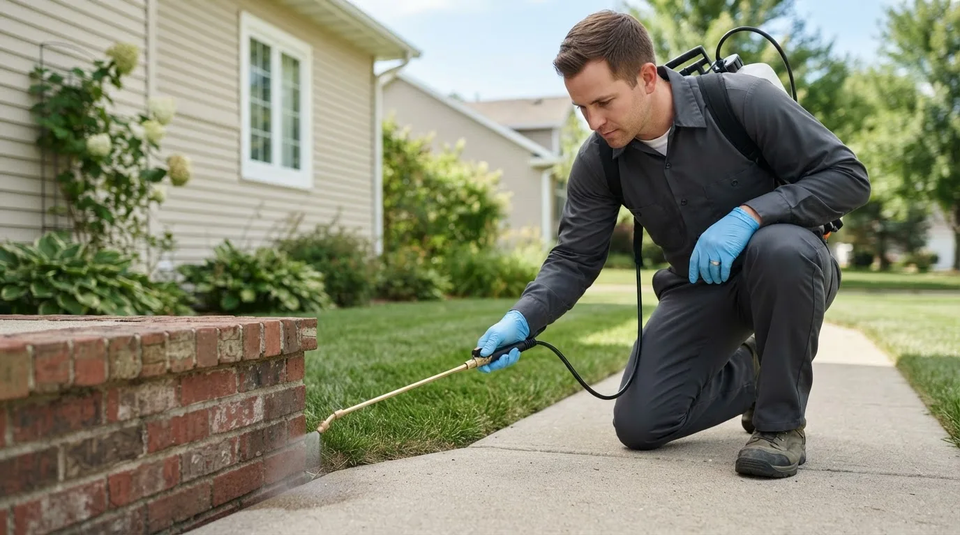 Pest control technician treating a home near Zanesfield, OH