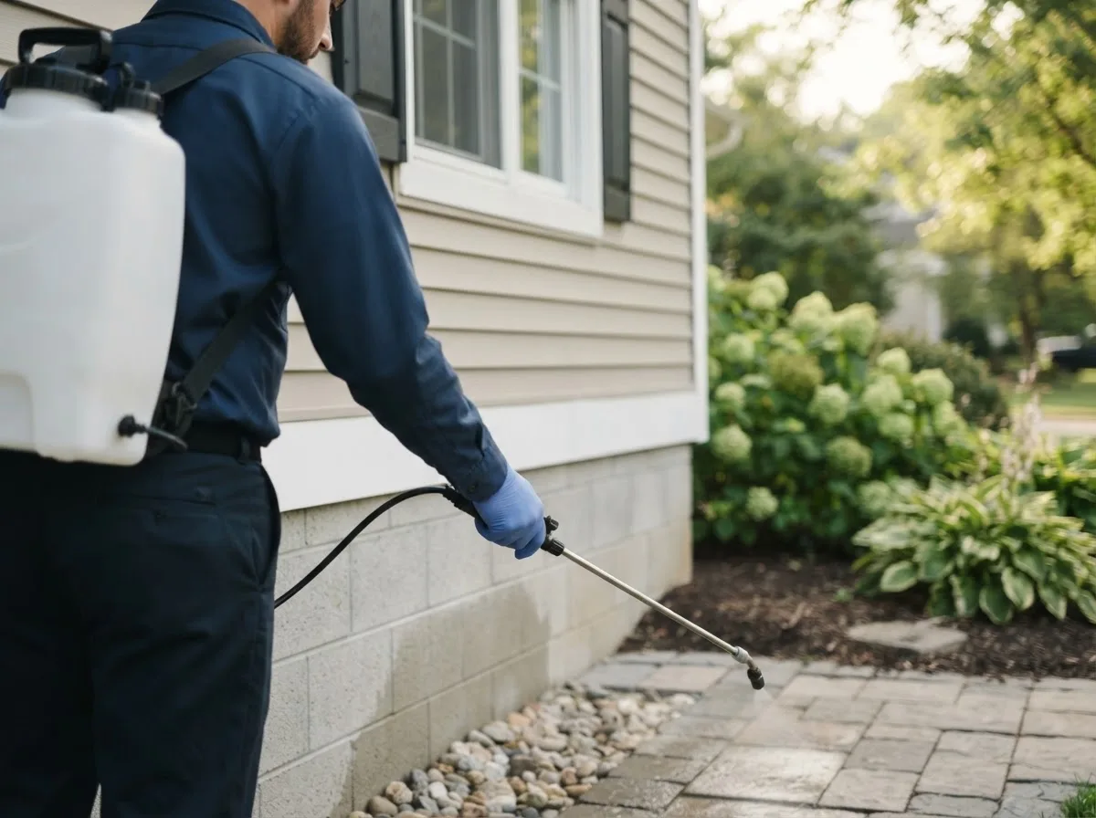 Pest control technician inspecting a home in Zanesfield, OH